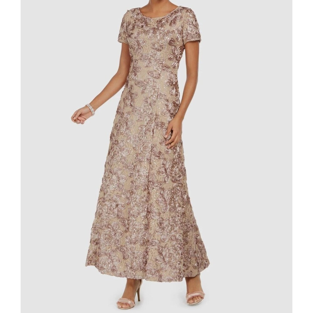 Alex Evenings Taupe Rosette Lace Long Crewneck A-Line Evening Gown Size 12